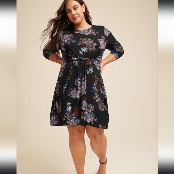 Maurices Dresses & Skirts - Maurices Black Floral Knot Front Dress Long Sleeve Knit Midi Faux Wrap Size XXL